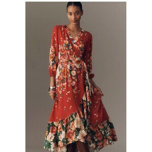 Farm Rio Long-Sleeve Floral Wrap Midi Dress, Size XS, New with Tag